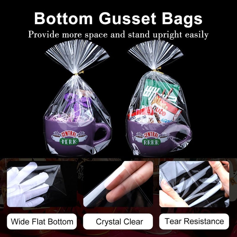 ZIMCEMS 50pcs 9x12 inch Bottom Gusset Clear Cellophane Gift Wrap Bags with 5" Twist Ties for Party, Birthday, Wedding, Home, Kitchen - Image 3